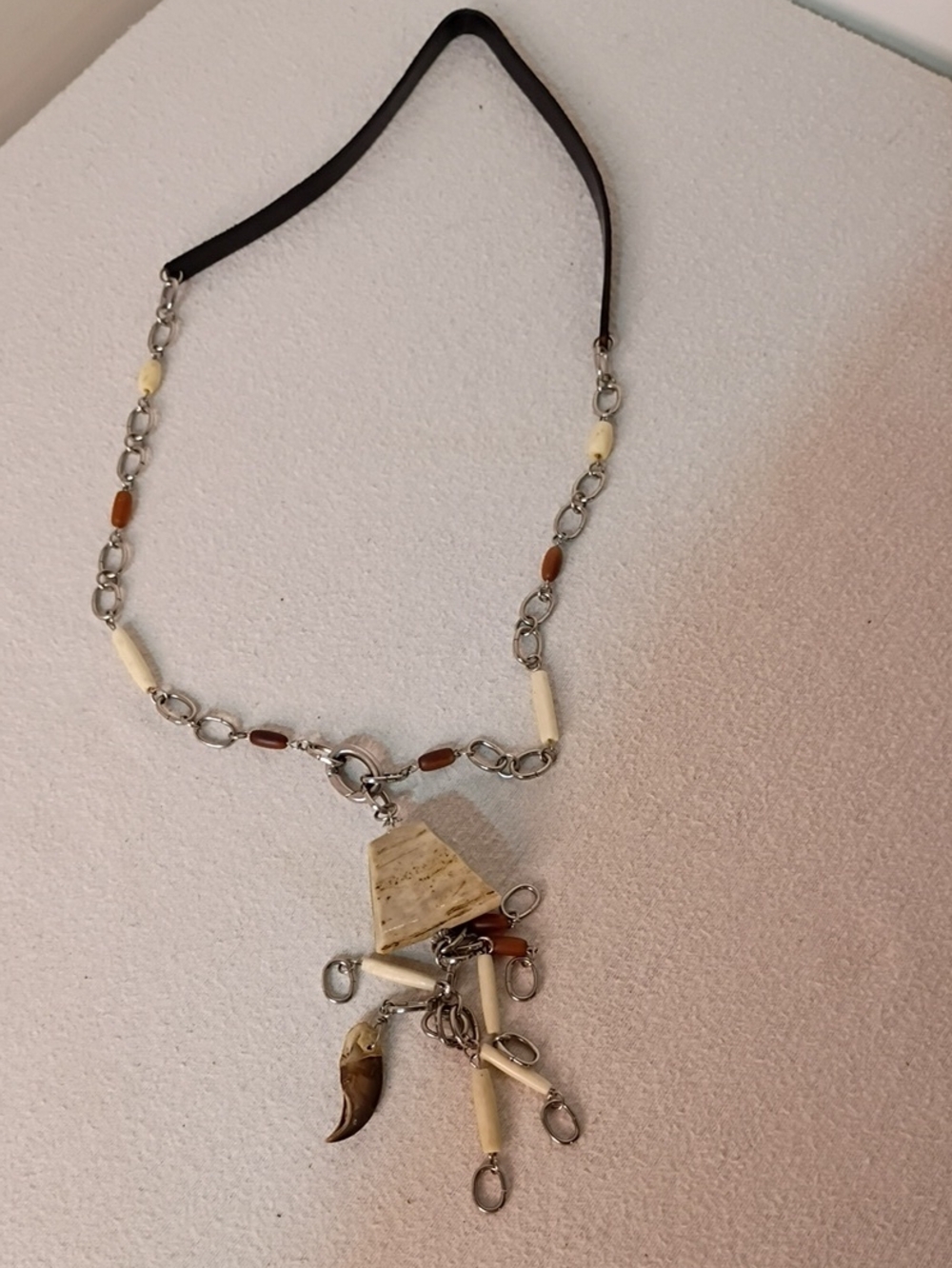 Boho Native Brown and Cream Pendant Necklace - Moose Bone Bear Claw Adjustable